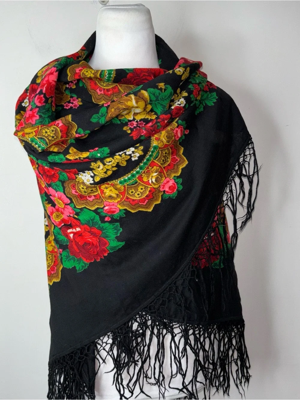Vintage Russian Wool Floral Shawl Black Floral 52